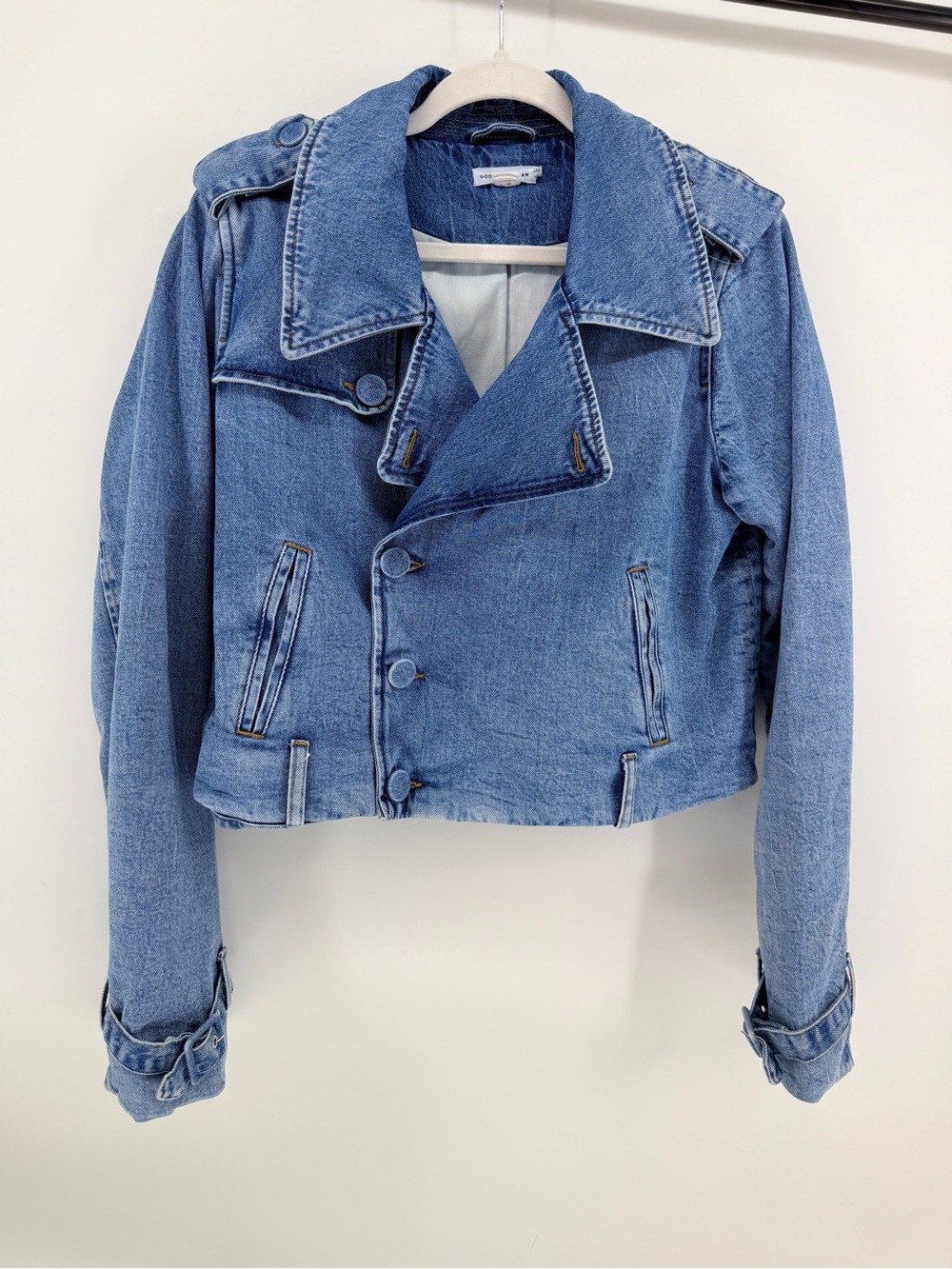 Good American Cropped Denim Moto Trench Jacket Small Y2K Inspired
